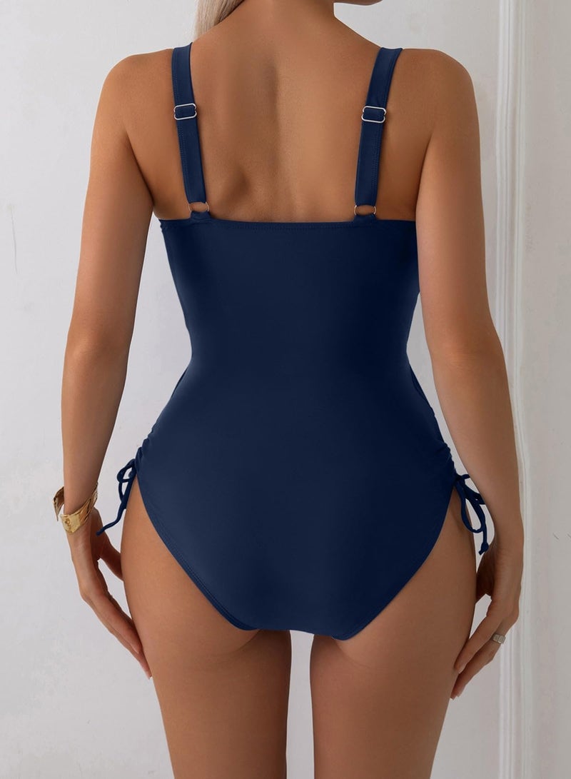 Aleumdr Tummy Control Swimsuits for Womens Ruffle One Piece Bathing Suit Long Torso Push Up High Waisted Swimwear Stripe Blue Small - Image 4