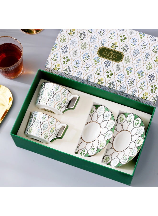 Floris Set Of 2 Tea Cup And Saucers, 220ml Vintage Floral Striped Coffee Mug, Porcelain Bone China British Coffee Cappuccino Espresso Latte Mugs For Party ,Gift Box For Birthday Wedding. - Image 1