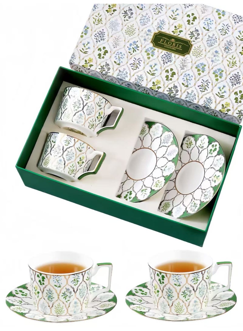 Floris Set Of 2 Tea Cup And Saucers, 220ml Vintage Floral Striped Coffee Mug, Porcelain Bone China British Coffee Cappuccino Espresso Latte Mugs For Party ,Gift Box For Birthday Wedding. - Image 2