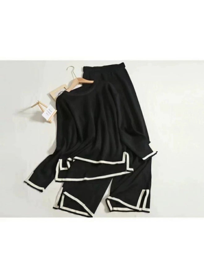 Women Asymmetrical Soft Pullover 2 Piece Set High Waist Wide Leg Pants Casual