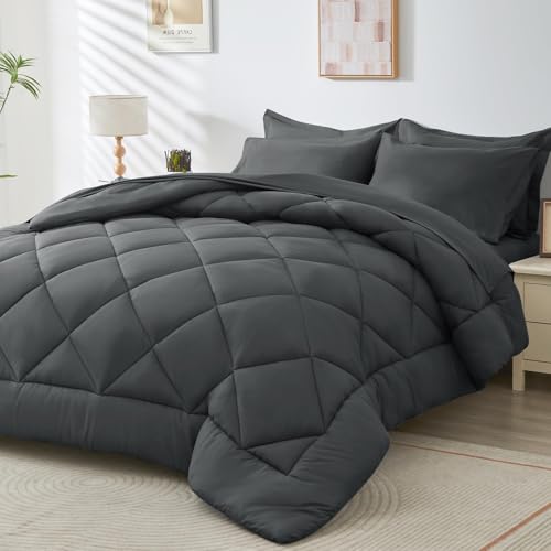 HEVUMYI 7 Pieces Queen Comforter Set All Season Reversible Bed in a Bag Queen Ultra Soft Queen Bedding Set with Grey Comforter Flat Sheet Fitted Sheet Pillowcases Pillow Shams Dark Grey