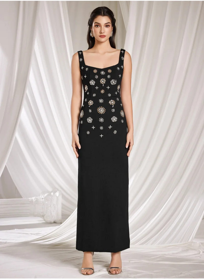 Madam Uniq Fashionable Heavy Beaded and Rhinestone Embellished Long Stretch Vest Dress