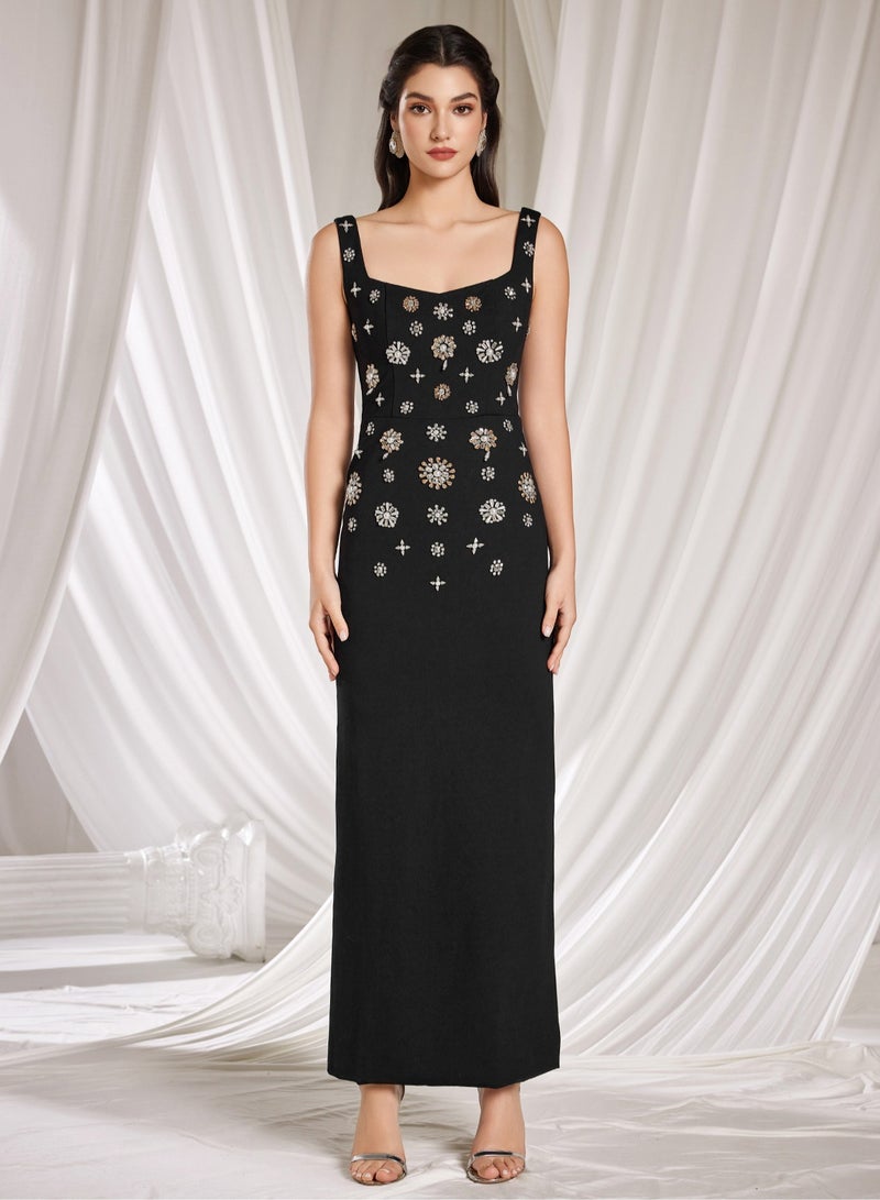 Madam Uniq Fashionable Heavy Beaded and Rhinestone Embellished Long Stretch Vest Dress - Image 1