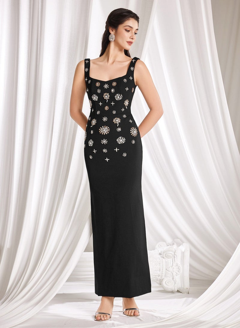 Madam Uniq Fashionable Heavy Beaded and Rhinestone Embellished Long Stretch Vest Dress - Image 4