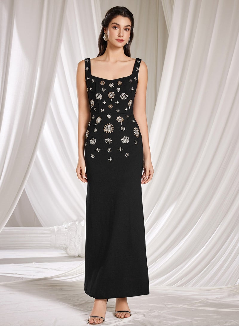 Madam Uniq Fashionable Heavy Beaded and Rhinestone Embellished Long Stretch Vest Dress - Image 5