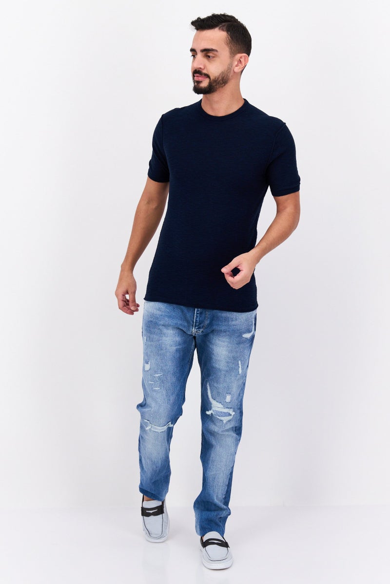 ESPRIT Men Crew Neck Short Sleeve Textured T-Shirts, Navy Blue - Image 4