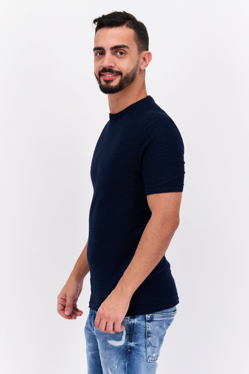 ESPRIT Men Crew Neck Short Sleeve Textured T-Shirts, Navy Blue - Image 2