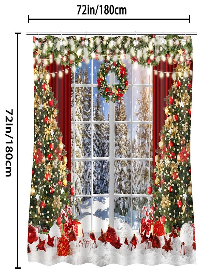 CapiSco Christmas Shower Curtain with Window Scene Curtains for Bathroom Winter Glitter Xmas Tree Bathroom Bathtubs Decor Water Resistant Curtain Set with 12 Hooks Aesthetic Bathtub Waterproof - Image 3