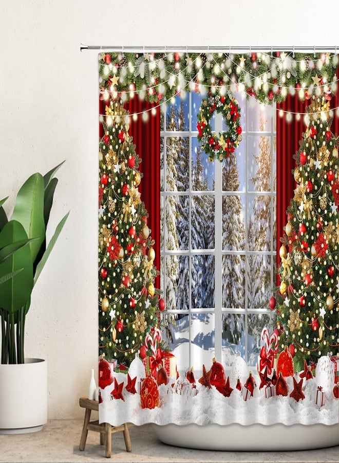 CapiSco Christmas Shower Curtain with Window Scene Curtains for Bathroom Winter Glitter Xmas Tree Bathroom Bathtubs Decor Water Resistant Curtain Set with 12 Hooks Aesthetic Bathtub Waterproof - Image 2