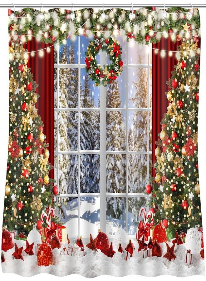 CapiSco Christmas Shower Curtain with Window Scene Curtains for Bathroom Winter Glitter Xmas Tree Bathroom Bathtubs Decor Water Resistant Curtain Set with 12 Hooks Aesthetic Bathtub Waterproof - Image 1