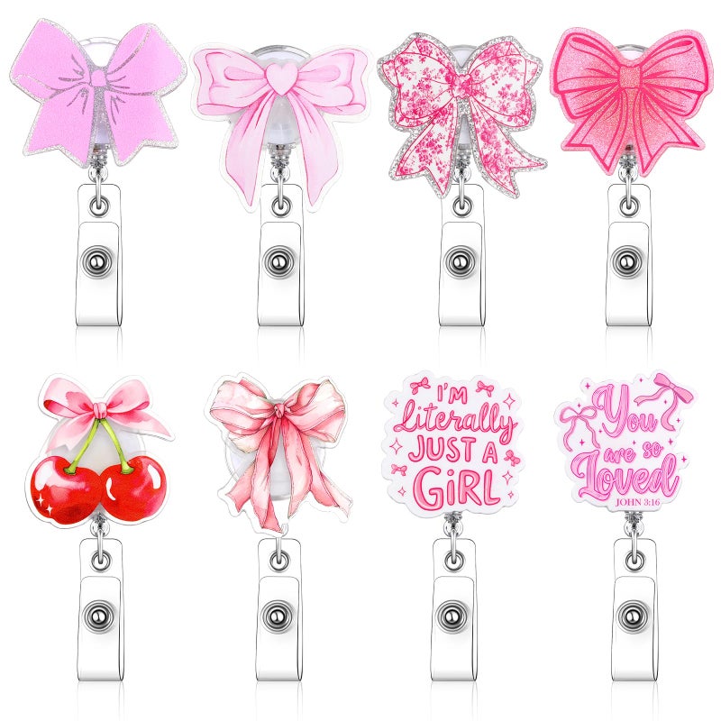 Knitgrip 8 Pcs Cute Bow Badge Reel Coquette Pink Retractable Badge Reel for ID Card Alligator Clip Accessories for Nurse Medical Worker Office School Teacher(Bow Theme,Acrylic) - Image 1