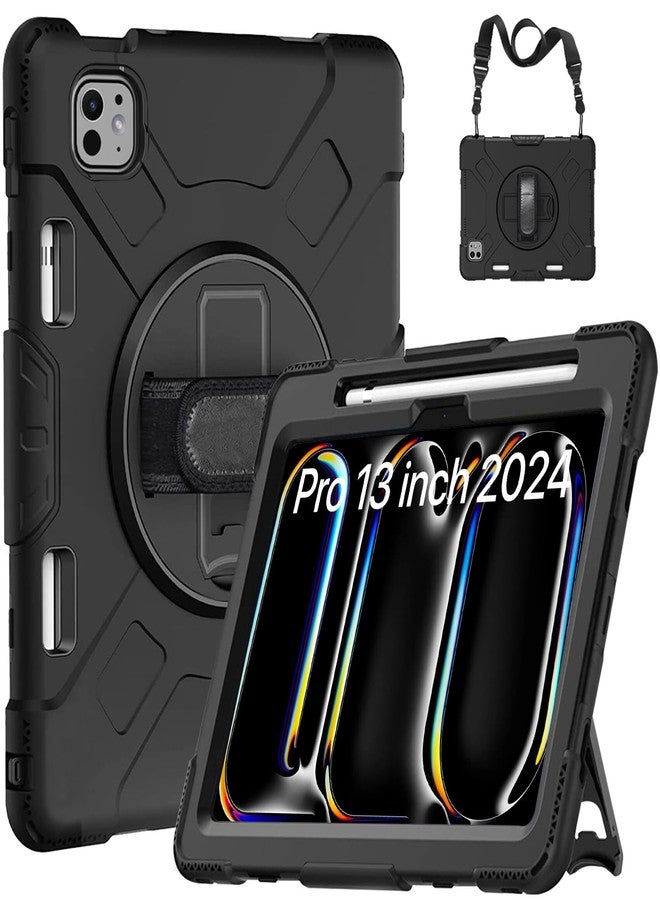 Robustrion for iPad Pro 13 inch Cover Case (M4) 2024 with [Pencil Holder] Armor Shockproof Cover with [Shoulder Strap] and [360 Degree Rotating Hand Strap and Stand] for iPad Pro 13 inch M4 - Black - Image 1