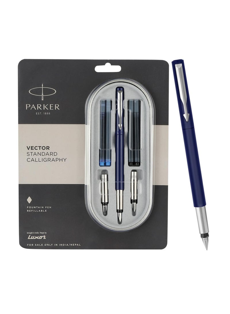 Parker Vector Standard Chrome Trim Calligraphy Fountain Pen | 7-Piece Set containts 2 Nibs, 2 Blue & 2 Black Ink Cartridges | Ideal for Creative Writing & Fine detailing - Image 1