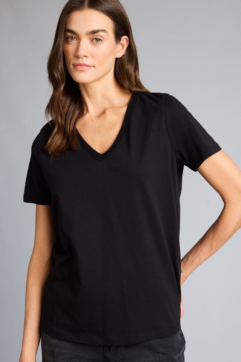 DeFacto Black Woman Slim Fit V-Neck Basic Ribbed Short Sleeve T-shirt Casual - Image 1