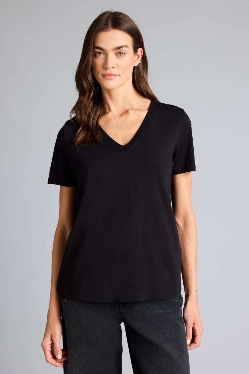 DeFacto Black Woman Slim Fit V-Neck Basic Ribbed Short Sleeve T-shirt Casual - Image 3