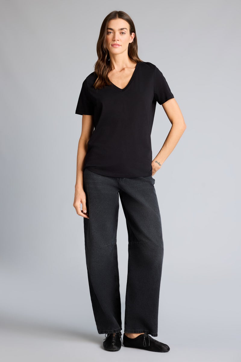 DeFacto Black Woman Slim Fit V-Neck Basic Ribbed Short Sleeve T-shirt Casual - Image 2