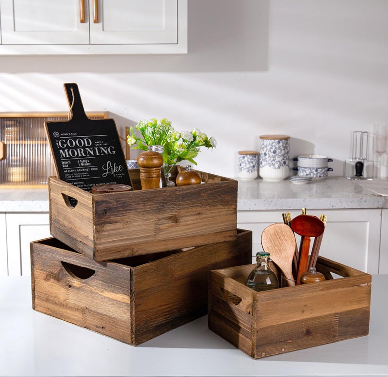 TIMRIS Set of 3 Rustic Distressed Wood Nesting Crates, Farmhouse Decorative Wooden Storage Boxes, Vintage Reclaimed Wood Baskets for Display (Natural) - Image 1