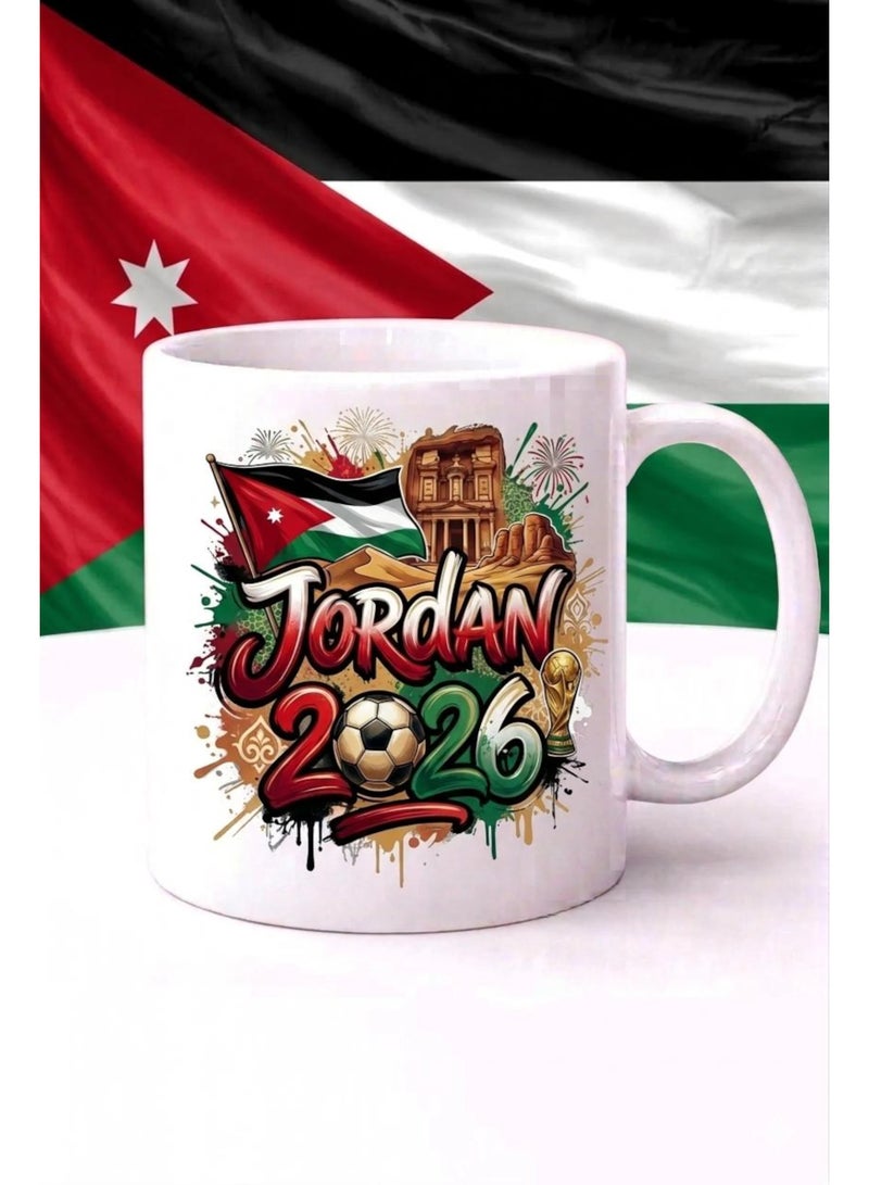 كوب قهوة سيراميك أبيض تذكاري لكأس العالم الأردن 2026