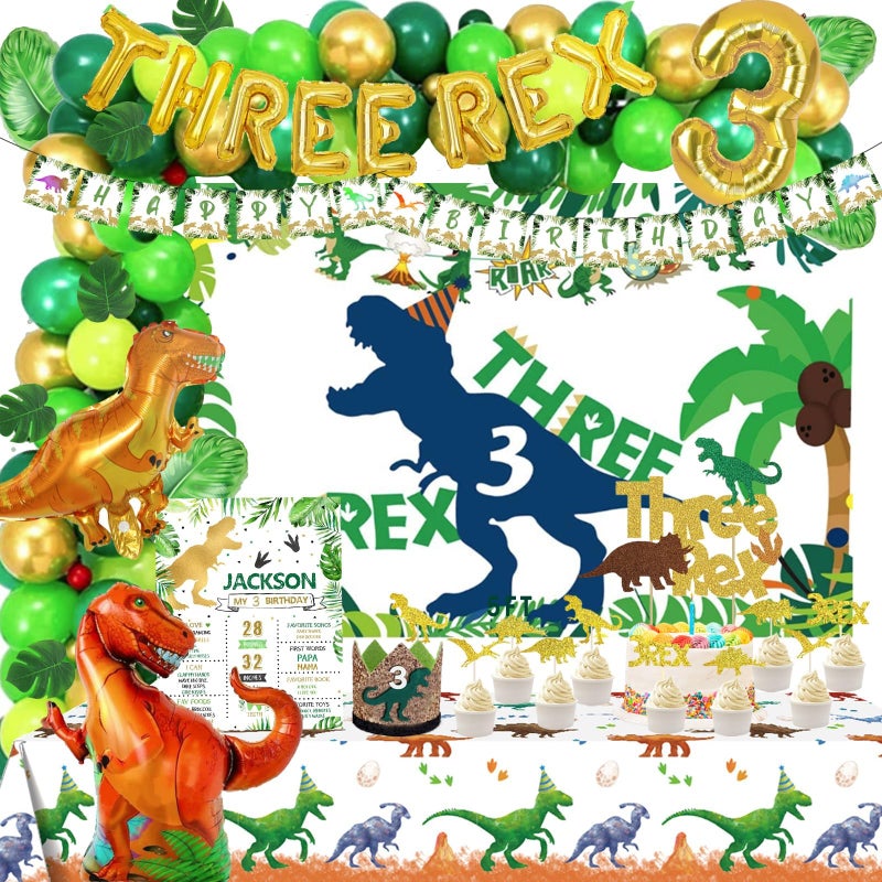 Hombae 128 PCs Three Rex Birthday Party Decorations Boy Hombae Dinosaur 3rd Birthday Party Decorations Boys Backdrop Balloon Garland Arch Artificial Leaves Banner Cake Cupcake Topper Crown Poster - Image 2