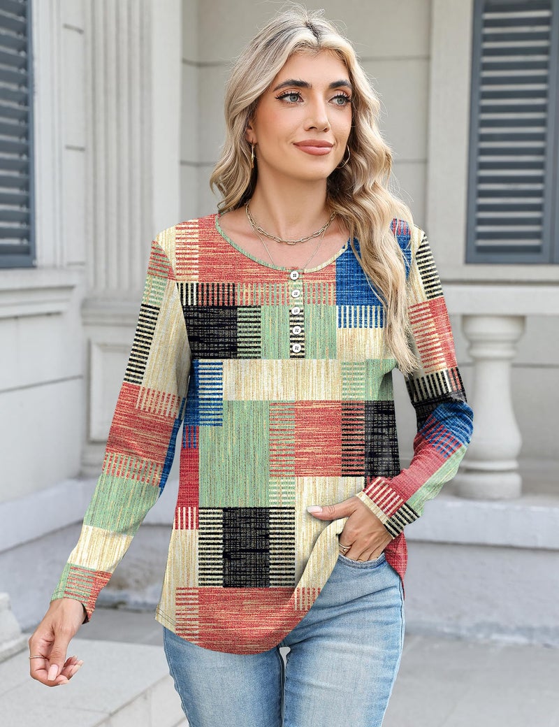 LUYAA Womens Fall Tops 2026 Casual Crewneck T-Shirt Long Sleeve Button Down Tunic Tops Printed Winter Shirts Multicolor L - Image 2