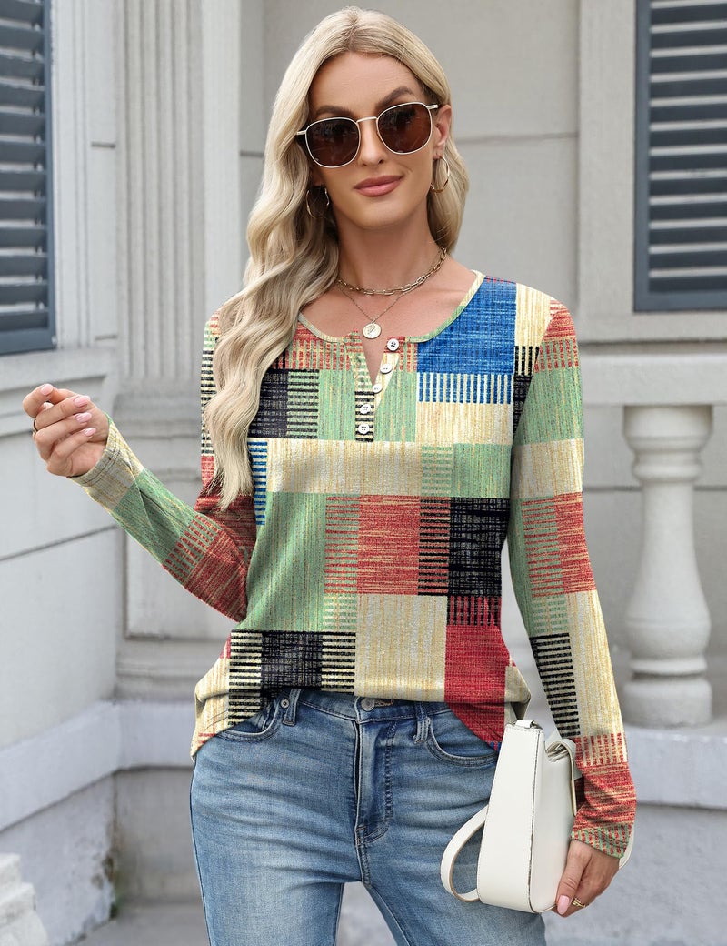 LUYAA Womens Fall Tops 2026 Casual Crewneck T-Shirt Long Sleeve Button Down Tunic Tops Printed Winter Shirts Multicolor L - Image 4