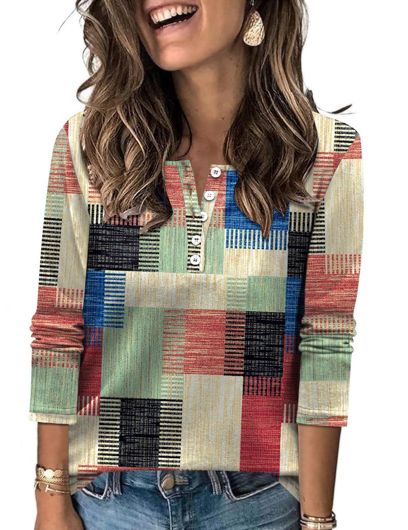 LUYAA Womens Fall Tops 2026 Casual Crewneck T-Shirt Long Sleeve Button Down Tunic Tops Printed Winter Shirts Multicolor L - Image 1