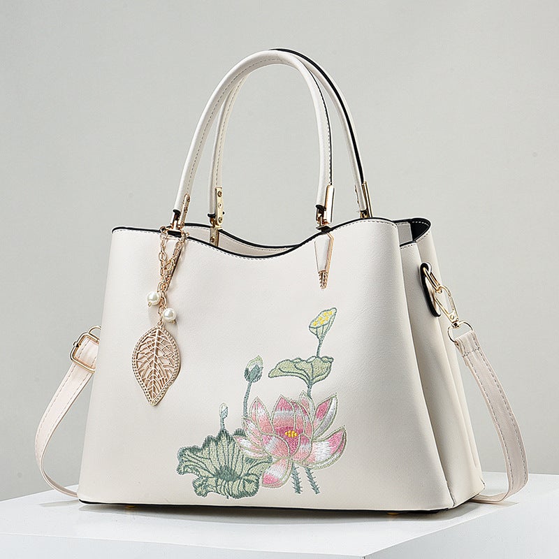 Large Capacity National style embroidered mother bag high-end womens bag handbag 2023 new womens bag elegant high sense White - Image 1