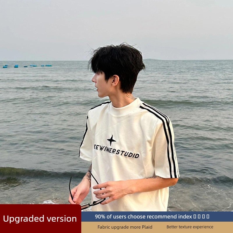 American retro three-bar striped shoulder heavy short-sleeved t-shirt men's summer fashion brand small collar niche couple half-sleeved - Image 2