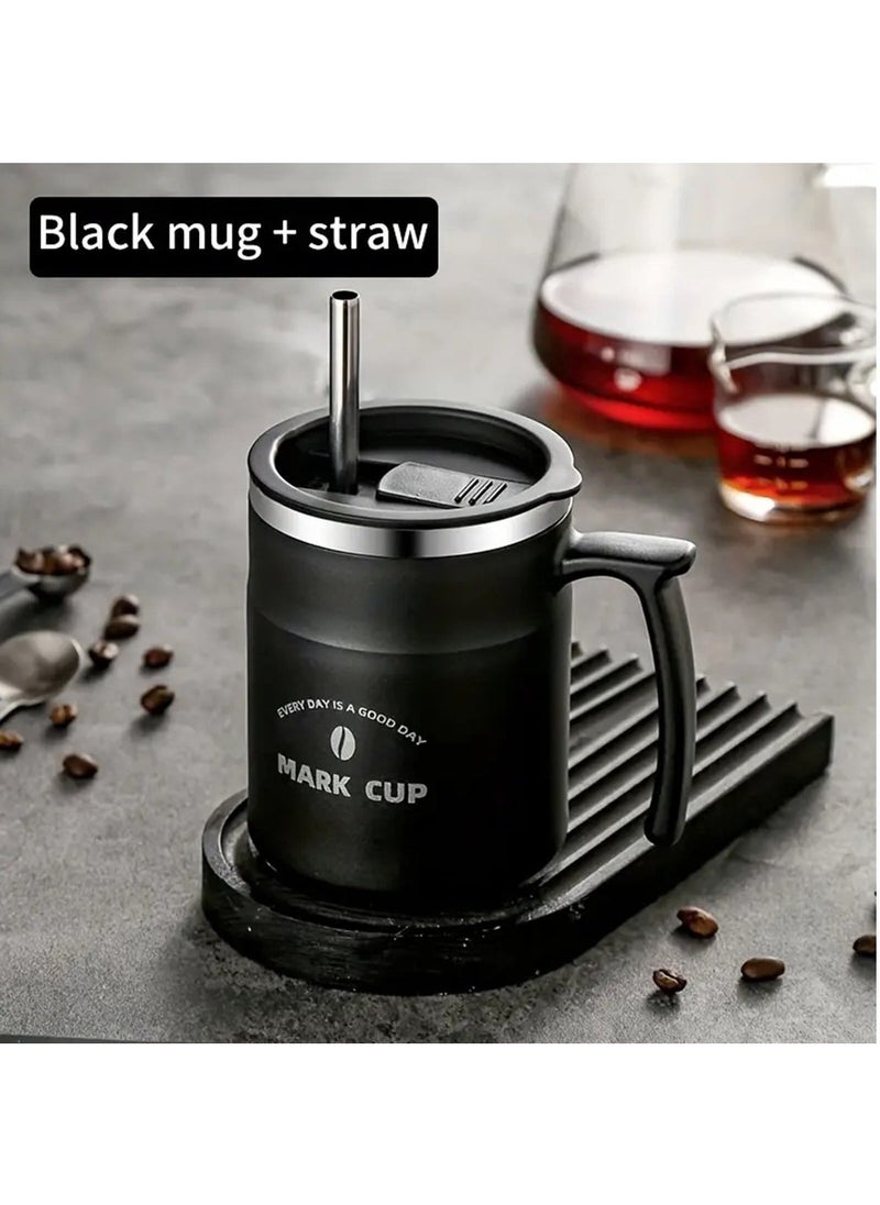 Hihonor Insulated Coffee Mug with Handle and Straw, Double Wall Stainless Steel Vacuum Insulated Tumbler Cup, Travel Coffee Cup Thermal Cup for Home and Office, Black  - Image 1