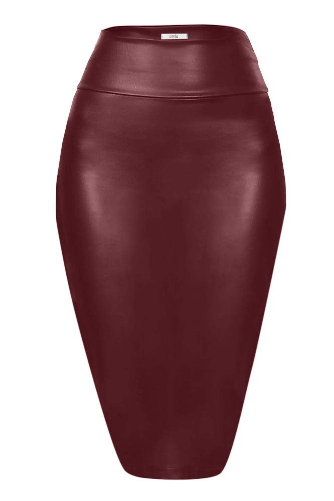 Simlu Burgundy Pencil Skirt for Women Knee Length Skirt, Burgundy Midi Skirt - USA,Burgundy Leather,X-Large - Image 1