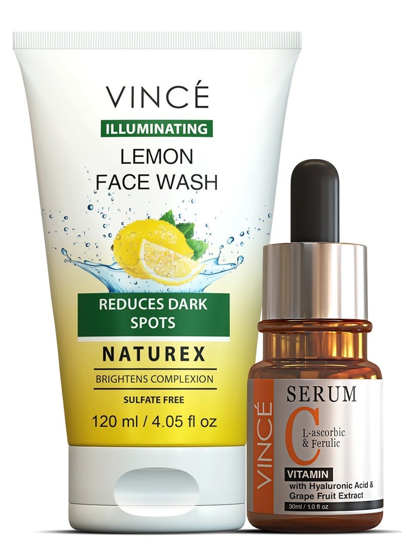 Vitamin C Brightening Kit - Lemon Face Wash 120ml + Vitamin C Serum 30ml – Reduces Dark Spots, Pigmentation & Oiliness – Brightens Complexion – Reveals Healthier, Glowing Skin