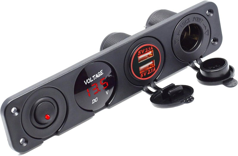 Cllena Dual USB Socket Charger 2.1A&2.1A + LED Voltmeter + 12V Power Outlet + ON-Off Toggle Switch Four Functions Panel for Car Boat Marine RV Truck Camper Vehicles GPS Mobiles (Red) - Image 1