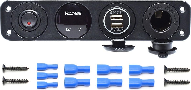Cllena Dual USB Socket Charger 2.1A&2.1A + LED Voltmeter + 12V Power Outlet + ON-Off Toggle Switch Four Functions Panel for Car Boat Marine RV Truck Camper Vehicles GPS Mobiles (Red) - Image 2