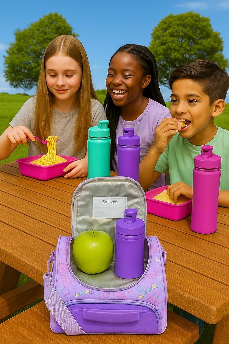 EXILOM حقيبة غداء بوليستر للأطفال، حقيبة غداء للفتيات والفتيان، حقيبة عزل حراري للأطفال والمراهقين، حقيبة سفر مدرسية، حامل زجاجة ماء وعلبة غداء بحزام قابل للتعديل (بنفسجي) - Image 5