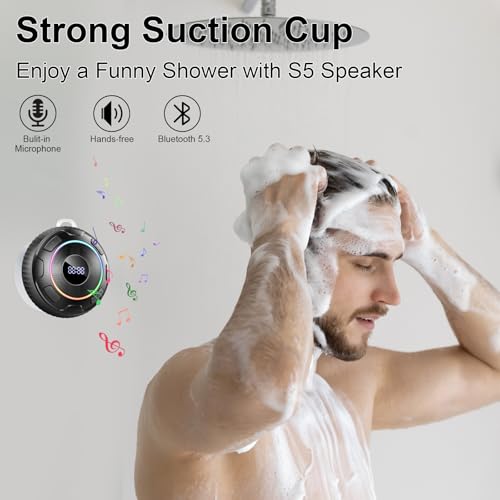 Hupoaf Bluetooth Shower Speaker, Bluetooth Speaker 5.3, 6D Sound, Portable Speaker with Suction Cup/Hook, IPX7 Waterproof, with LED Light/Time Display, for Outdoor/Party/Bathroom//Kayak/Gift - Image 3
