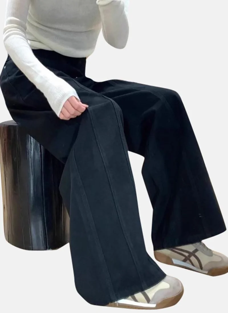 يونيكي Blue Solid Mid Rise Relaxed Wide Leg Jeans