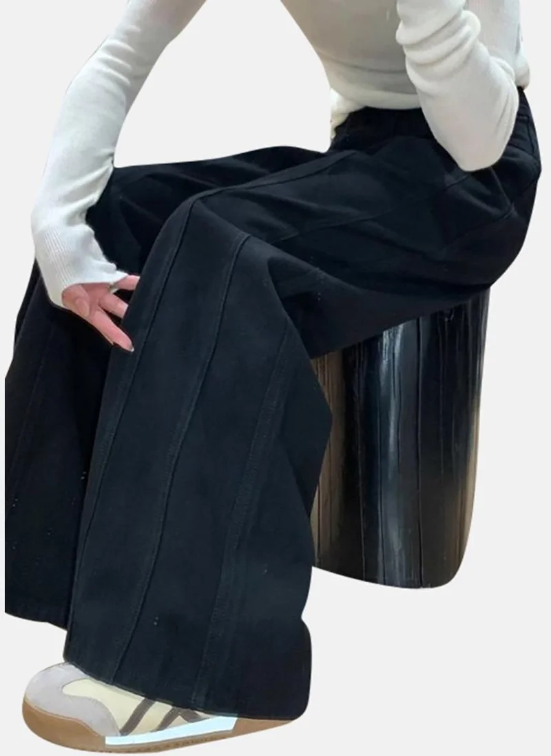 يونيكي Blue Solid Mid Rise Relaxed Wide Leg Jeans