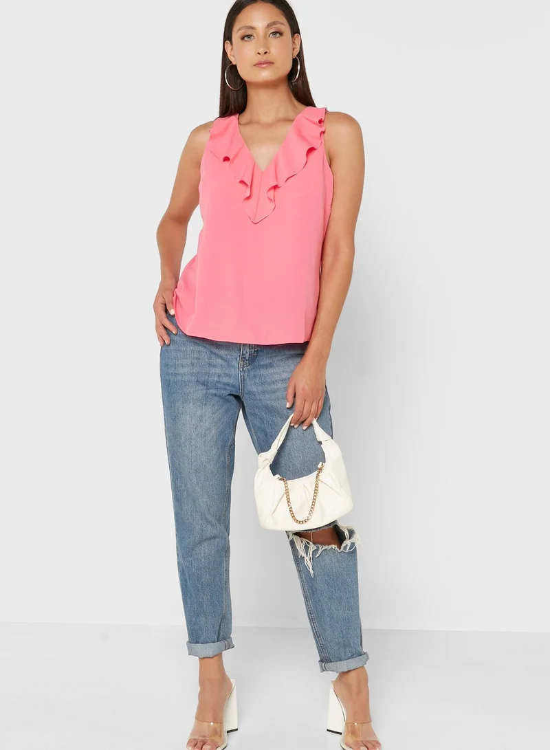 Wallis Petite Ruffle Detail V-Neck Top