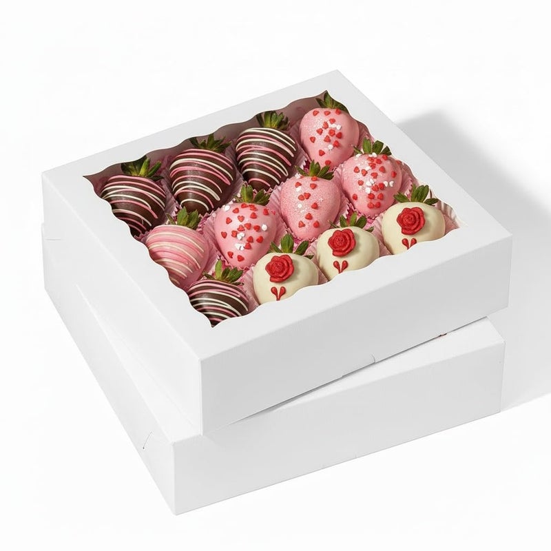 SLShePack 50Pack 9X9X2.5 Inches White Bakery Boxes,Pie Boxes with Clear Window Treat Boxes for Chocolate Strawberries, Pastries, Muffins, Donuts,Cookie,Breakable Heart - Image 1
