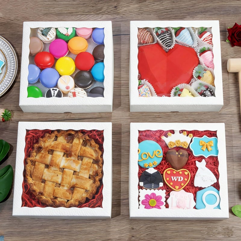 SLShePack 50Pack 9X9X2.5 Inches White Bakery Boxes,Pie Boxes with Clear Window Treat Boxes for Chocolate Strawberries, Pastries, Muffins, Donuts,Cookie,Breakable Heart - Image 4