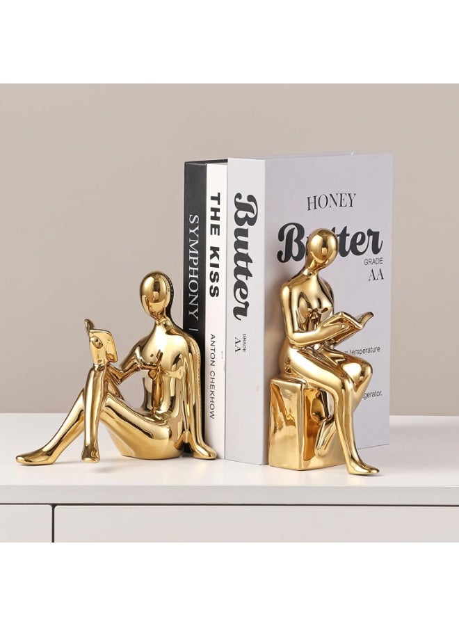 Arabest Decorative Bookends, Ceramic Book Ends for Shelves, Home Office Decor Aesthetic Book Stopper Reading Book Holders Statues for Bookshelf Bedroom Living Room Decoration (Glod) - Image 3