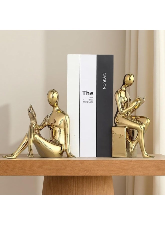 Arabest Decorative Bookends, Ceramic Book Ends for Shelves, Home Office Decor Aesthetic Book Stopper Reading Book Holders Statues for Bookshelf Bedroom Living Room Decoration (Glod) - Image 1