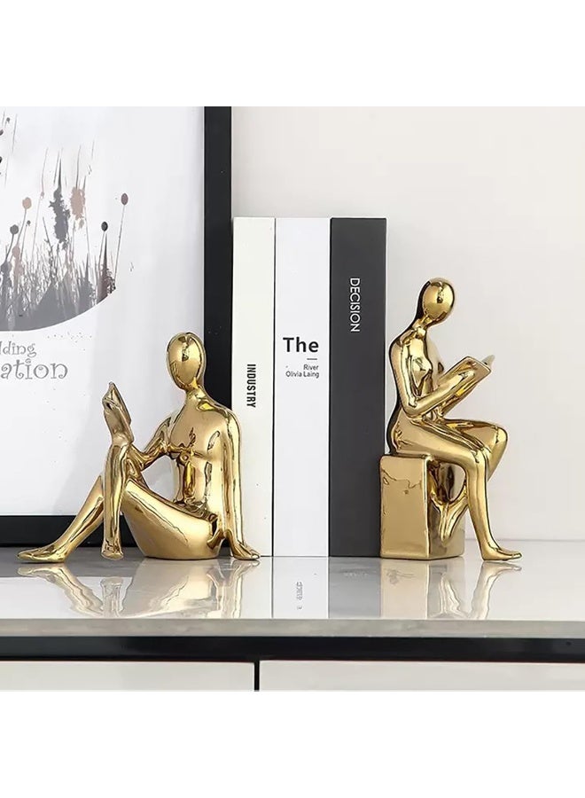Arabest Decorative Bookends, Ceramic Book Ends for Shelves, Home Office Decor Aesthetic Book Stopper Reading Book Holders Statues for Bookshelf Bedroom Living Room Decoration (Glod) - Image 2