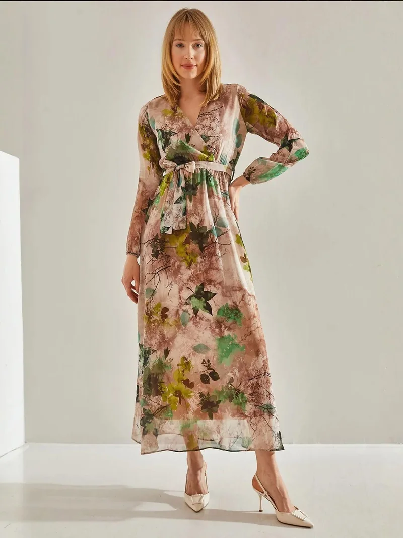 Bianco Lucci Beige Natural LUCCI Floral V-Neck Maxi Dress with Bow Tie for Women | Best Price UAE