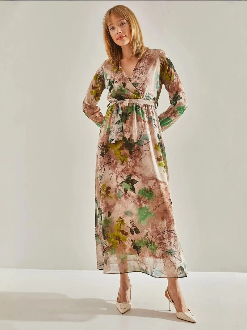Bianco Lucci Beige Natural LUCCI Floral V-Neck Maxi Dress with Bow Tie for Women | Best Price UAE