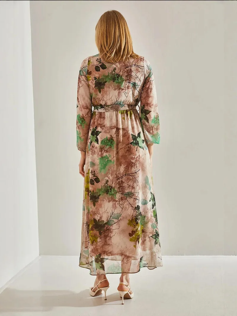Bianco Lucci Beige Natural LUCCI Floral V-Neck Maxi Dress with Bow Tie for Women | Best Price UAE