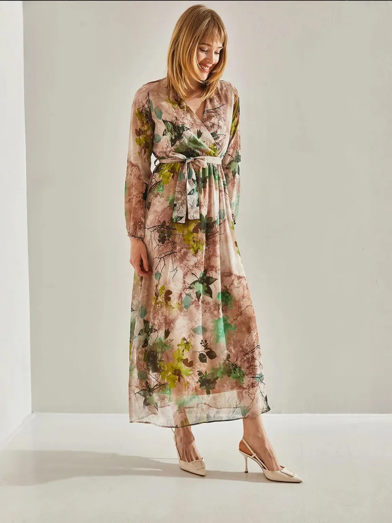 Bianco Lucci Beige Natural LUCCI Floral V-Neck Maxi Dress with Bow Tie for Women | Best Price UAE