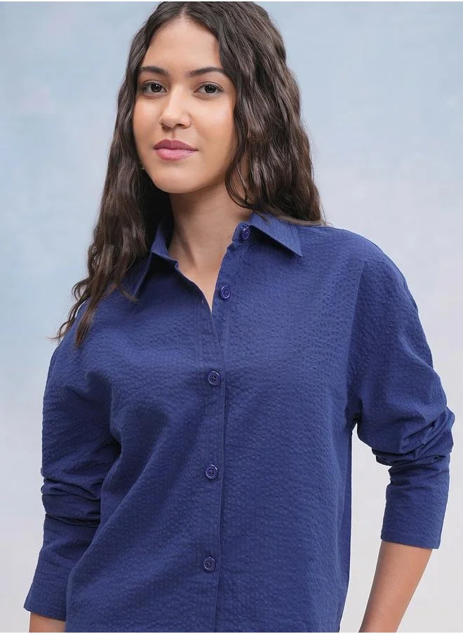 Tokyo Talkies Tokyo Talkies Textured Spread Collar Cotton Regular Fit Shirt