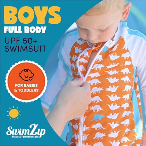 SwimZip Little Boy Long Sleeve Sunsuit with UPF 50 Sun Protection, Orange Dino, 0-6 Months - Image 5