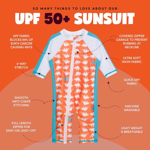 SwimZip Little Boy Long Sleeve Sunsuit with UPF 50 Sun Protection, Orange Dino, 0-6 Months - Image 2
